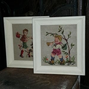 Pair of Vintage Cross Stitch Art on Wood Frame